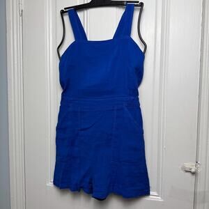 Zara Romper Womens Small Blue Linen Sleeveless Preppy Summer Pockets Vacation